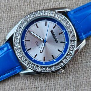 Manhattan by Croton Women Wristwatch Crystals Accent Bezel Blue Leather strap